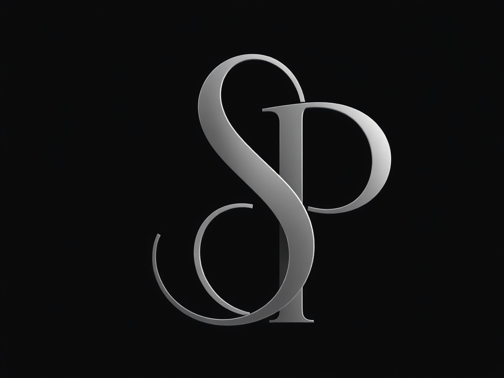 Elegant monogram of intertwined letters S and P, minimalist, silver on dark background, photorealistic, 8k, commercial photography style